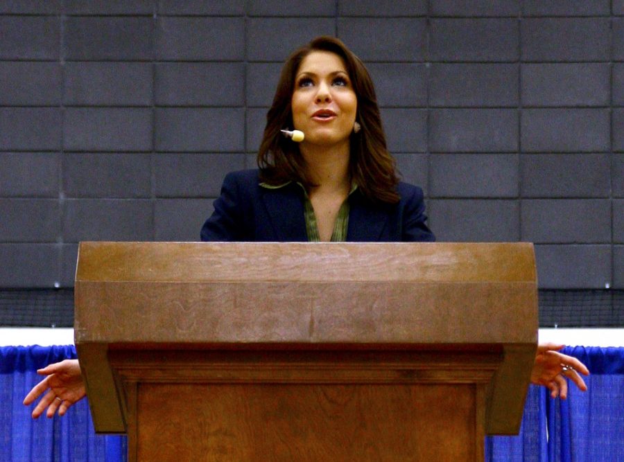 Gordon Bates / Arizona Daily Wildcat
Kirsten Haglund, the 21-year-old California resident and 2008 Ms. America, came the the UA rec center this Monday, Feb 18, to speak on behalf of Love Your Body Day and to raise awareness on eating disorders. Kirsten spoke on her experiences with eating disorders and the overcoming of her battle with personal perfection.