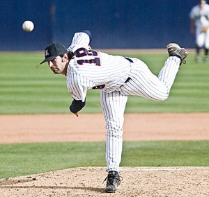UA pitcher Eric Berger hurls one toward the plate in the Wildcats 16-6 win over Nevada-Las Vegas on March 5 at Sancet Stadium. The Arizona pitching staff struggled early this season but has strung together 27 consecutive shutout innings heading into this weekends home series against No. 20 Cal-State Fullerton.