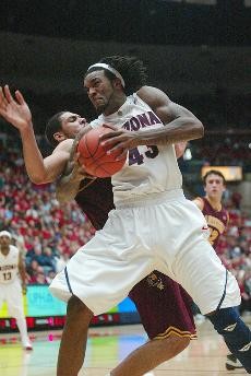 UA forward Jordan Hill backs down ASUs Jeff Pendergraph during a 53-47 Sun Devil win Wednesday night in McKale Center. ASU dropped the Wildcats to 2-5 in the Pacific 10 Conference, potentially putting Arizonas NCAA Tournament hopes in jeopardy.