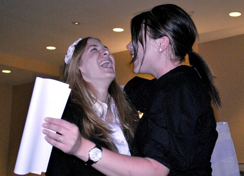 Valentina Martinelli / Arizona Daily Wildcat

Taylor Bilby, left, a pre-business freshman, and Courtney Campbell, a pre-physiology freshman, rejoice after winning the primaries for ASUA senate on March 3, 2010. 
