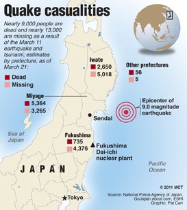 Map of northeastern Japan, locating prefectures with the highest number of dead and missing following the March 11 earthquake and tsunami. MCT 2011<p>
