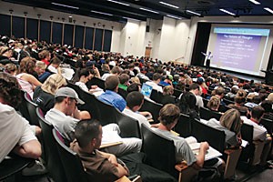 Economics 200, taught by professor Gerald Swanson in the Social Sciences building, is one of many classes filled to capacity this semester. Full classes make it hard to pick up additional classes, but administrators are working to solve the problem.