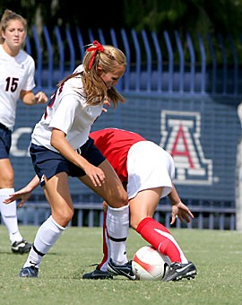 Arizona defender Savanah Levake fights for the ball Sept. 30 against San Diego State. The Arizona defense has allowed only one goal in eight of its 11 games so far this year, but the team still holds a losing record.