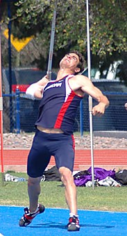 Decathlete Jake Arnold hurls the javelin during the Jim Click Shoot-out March 24. Arnold took a stroke of bad luck in high school and turned it into a national championship last year.