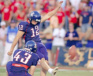 Place kicker Nick Folk took over the punting duties for the Wildcats after punter Danny Baugher injured his knee in the Wildcats game against Oregon, Oct. 22, 2005. (Photo by Chris Coduto/Arizona Daily Wildcat)