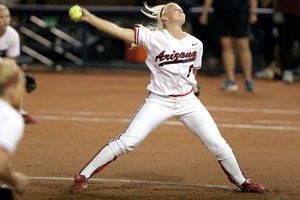 Arizona pitcher Taryne Mowatt is in mid-windup last night at Hillenbrand Stadium in Arizonas 16-0 loss to Team USA, which was coached by Mike Candrea. Mowatt got the loss in the exhibition as former Wildcat Alicia Hollowell picked up the win.