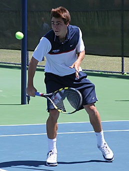 Redshrt junior Jason Labrosse hits a backhand volley in a match against ASU Saturday at Robson Tennis Center. Arizona lost its 11th straight match, 4-3 to ASU, and Labrosse, whos graduating, played in his last match at home.