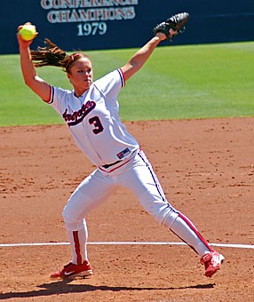 UA pitcher Sarah Akamine hurls a pitch during the No. 4 Wildcats 5-2 win over California yesterday at Hillenbrand Stadium. Akamine allowed two runs on five hits and struck out five over five innings to pick up her first career conference win.