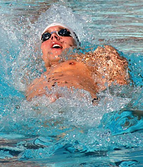 Senior Adam Ritter swims the backstroke in the 200-yard medley relay in Arizonas win over ASU Feb. 3 at Hillenbrand Aquatic Center. Ritter is the only remaining Pac-10 champion on the team, as he was a part of last years 800y freestyle relay team.