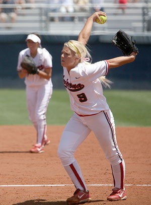 UA pitcher Taryne Mowatt rocks back to throw a pitch during the Wildcats 13-1 win over Oregon State at Hillenbrand Stadium April 27. Mowatt and four other Arizona seniors will close out their regular-season home careers against California on Friday and Stanford on Saturday and Sunday as part of Senior Weekend.