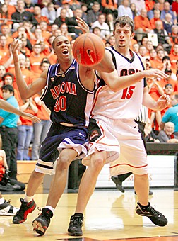 Arizonas J.P. Prince has the ball knocked away by OSUs Sasa Cuic (11) during the second half of Arizonas game against Oregon State, Thursday Jan. 12, 2005 at Gill Coliseum in Corvallis, Ore. Oregon State upset Arizona 75-65. (Photo by Chris Coduto/Arizona Daily Wildcat)