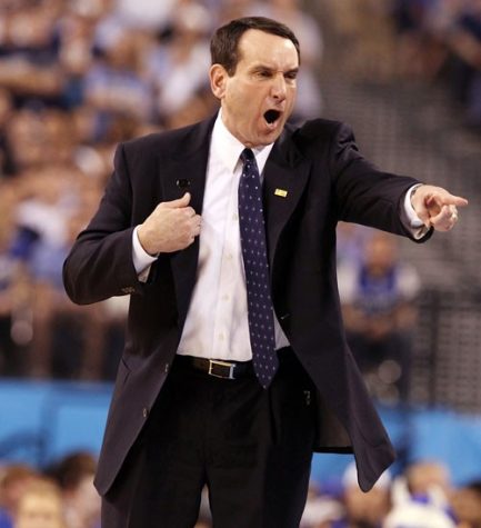 Duke head coach Mike Krzyzewski yells during the first half of the NCAA Final Four championship game against Butler at Lucas Oil Stadium in Indianapolis, Indiana, Monday, April 5, 2010. (Chuck Liddy/Raleigh News & Observer/MCT)