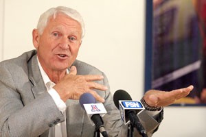 Lute Olson addresses the media in person for the first time since his season-long leave of absence that started Nov. 4, yesterday in McKale Center. Olson said Kevin ONeill will not return as his assistant next season.