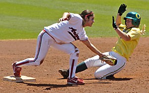 UA second baseman Chelsie Mesa goes for the tag to force out Oregons Kristi Leiter in Arizonas 9-1 win over the Ducks April 22 at Hillenbrand Stadium. Mesa and the rest of the Wildcats will travel to Oregon to compete against both Oregon and Oregon State.