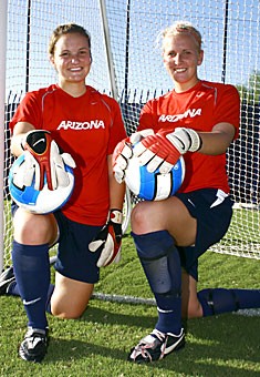 Freshman Danielle Nicolai and junior Devon Wharf pose after practice yesterday at Murphey Stadium. Due to injuries, the two goalkeepers will share goaltending duties, with Wharf as the probable starter for Fridays season opener.
