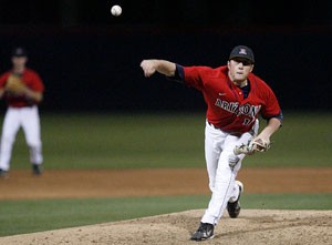 UA pitcher Mike Colla hurls the ball in a 4-1 win over New Mexico at Sancet Stadium on April 22. The Wildcat pitching staff is largely responsible for the UAs recently snapped 13-game winning streak and will push for another streak starting tonight against San Diego State.