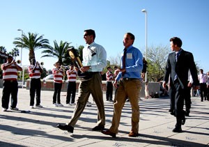 The UA pep band greets the UA mens swim team in front of McKale Center after winning the 2008 NCAA Mens Swimming and Diving Championship. It is a first in UA history to have both the mens and womens swim teams win national titles.