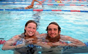 Jenny Forster, left, and Albert Subirats hang out in the pool at the Hillenbrand Aquatic Center yesterday afternoon after practice. The two Arizona swimmers make up just one of the many couples within the Wildcat athletic circuit.
