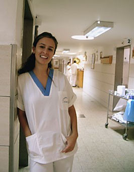 Marian Lacy poses in the Israeli hospital where she has spent the past semester.