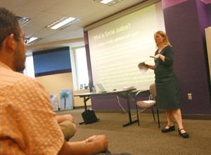Senior Coordinator for Social Justice Programs, Jennifer Hoefle, leads a seminar on social justice and diversity in the SUMC yesterday.