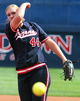 Claire C. Laurence/ Arizona Daily Wildcat

Senior pitcher Alecia Hollowell delivers a ball to home plate as No. 1 softball defeated guest Longbeach 11-0 in five innings on Sunday in Hillenbrand Stadium.