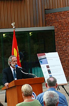 Joaquin Ruiz, dean of the College of Science, speaks at the dedication of the new Chemical Science building to a crowd of about 200 people. The 87,000-square-foot building is a welcome change from the 18th-century-style chemistry labs that were used before, said President Robert Shelton, who also spoke at the dedication. 