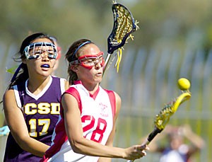 Freshman Thea Rodenburg shoots past UC San Diegos Midori Wong in the first half of the Arizona womens lacrosse teams home-opening win Feb. 12. 