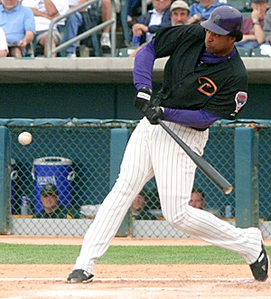 Arizona Diamondbacks first baseman Tony Clark lines a two-run double off the right field wall in the first inning of Arizonas 8-2 win over the Oakland As during a spring training game March 27 at Tucson Electric Park. Clark, a former Arizona basketball player, ranked second on the Diamondbacks last year, with a .304 batting average, 30 home runs and 87 RBIs, and won the teams player of the year award.