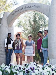 Melissa Kiguwa, left, Malia Uhatafe, Tiffany Tedesco, Brianne Richmond and Brigid Blazek of the Womens Resource Center stand next to the Womens Plaza of Honor beside Centennial Hall. The purpose of the Womens Plaza of Honor is to celebrate women who have made significant contributions to the history of Arizona. 