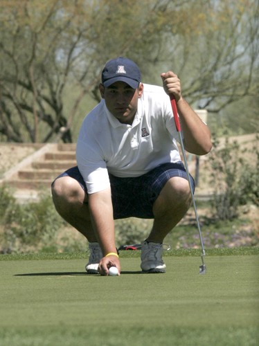 Arizona senior golfer Rich Saferian lines up a put during the Calloway Match Play Championship at Ritz Carlton Golf Course on March 17. Saferian and the men?s golf team will compete in the ASU Thunderbird Invitational in Tempe this weekend.