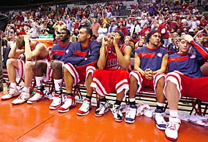 The entire Arizona bench is a picture of dejection in the closing moments of their seven-point loss to USC last night in Los Angeles.