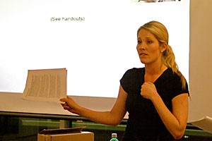 Erin Hertzog, president of the Associated Students of the University of Arizona, explains the 2007 ASUA elections code to potential candidates Friday night. The code has been revised since last year to give candidates a chance to correct infractions before they are penalized.
