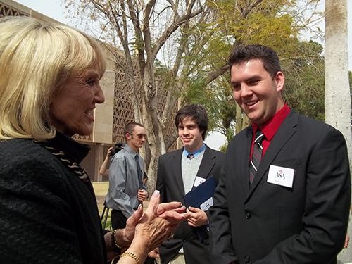 Gov. Jan Brewer meets Devon Mills, an ASU political science freshman and Anthony Guerra, a UA biochemistry student, on the Arizona House Lawn Wednesday during the 34th Annual Lobby Day, hosted by ASA.  Students asked legislatures to make higher education a priority.  
