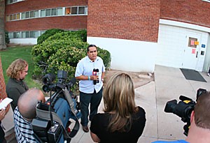 Manley Begay junior, director of Native Nations Institute for Leadership, Management and Policy for Studies in Public Policy and Senior American Indian Studies, talks to the media yesterday afternoon about the cleansing ritual held at Graham-Greenlee last night.