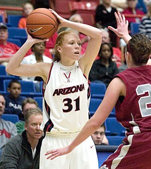 Arizona womens basketball walk-on guard Ashley Gilpin looks to pass in Saturdays 67-54 loss to Washington State. Gilpin has filled a small role for the Wildcats this season, as starting out primarily as a practice squad player.