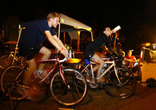 Gordon Bates / Arizona Daily Wildcat
The Tricats spend their Wednesday evening, Oct 13, on the mall  as part of 36 hours of pedaling that they hope will raise enough money for them to go to the April 2001 Collegiate National Championships in Alabama.