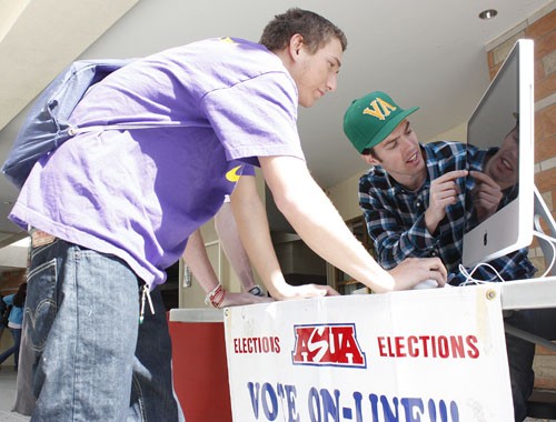 Hallie Bolonkin/ Arizona Daily Wildcat

Michael Colletti, right, a junior majoring in economics, supervised an online voting table for ASUA primary elections where Geoff Sokol, a freshman majoring in biology, places a vote into the computer set up at the SUMC on Tuesday March 2, 2010. 