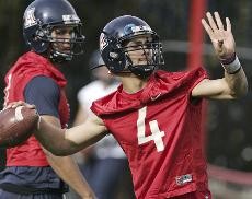 Arizona sophomore Matt Scott rocks back to throw a pass during the Arizona football teams first spring practice on Wednesday afternoon. Scott will be competing for the Wildcats starting job with fellow sophomores Nick Foles and Bryson Beirne throughout the spring.