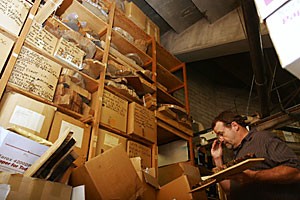Jim Parks, a research specialist at the Laboratory of Tree-Ring Research, looks at some of the thousands of wood samples from around the world piled up in the lab in Arizona Stadium. The lab received a $9 million donation that will pay for a new storage facility for the samples.