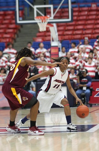 Senior guard Ashley Frazier faces pressure from the ASU defense in the UA women?s loss to the Sun Devils at home Sunday. Frazier and her squad will play the California Golden Bears in Berkeley tonight. 