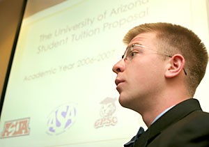ASUA Sen. Ryan Erickson provided an overview of ASUAs tuition proposal, which is projected to increase net tuition revenues by $6.5 million, at yesterdays meeting in the ASUA offices.