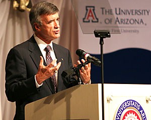 UA President Shelton gives his first State of the University address yesterday afternoon in the Grand Ballroom of the Student Union Memorial Center.