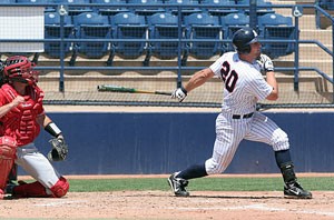 Arizona third baseman Brad Glenn admires one of his four hits in yesterday afternoons 10-4 win over New Mexico at Sancet Stadium. Glenn went 7-for-8 with six RBIs and scored three runs during the Wildcats two-game sweep of the Lobos.