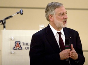 Provost finalist Robert D. Newman fields questions from a forum of UA students and staff in the North Ballroom of the Student Union Memorial Center yesterday afternoon. Newman was the last provost finalist to give a speech at the UA.
