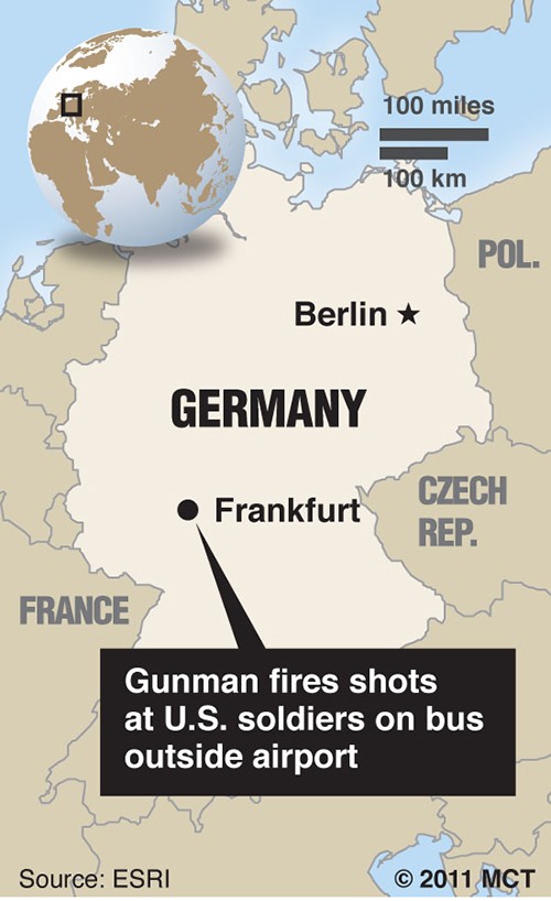 Map locating Frankfurt, Germany where several U.S. soldiers were shot outside the airport. MCT 2011<p>
