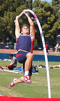 Pole-vaulter Nick Mossberg, aka The Rook and Lil Sex, attempts a vault at the Arizona Invitational Track Meet Saturday. Mossberg and his teammates have a unique set of pseudonyms, including Beans, Danimal and Double X.
