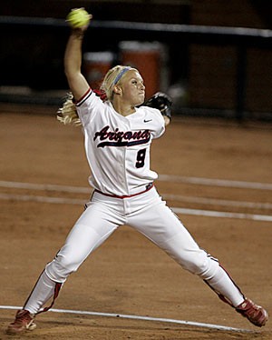 Arizona pitcher Taryne Mowatt strides to the plate in an 8-1 loss to No. 1 ASU at Hillenbrand Stadium on April 9. Mowatt said she felt she let her team down in two losses against the Sun Devils but is optimistic about bouncing back this upcoming weekend. 