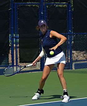 Arizonas Danielle Steinberg, a sophomore at the time, prepares to return during a match in March. The captain from Tel Aviv, Israel, is one of three returning players on the womens tennis team who is from a foreign country. 