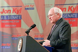 Vice President Dick Cheney voices his support of Senator Jon Kyl for re-election to a Tucson crowd at the Westin La Paloma Resort and Spa yesterday evening. The crowd was gathered as a fundraising effort to help Kyls campaign, which raised over $500,000. 