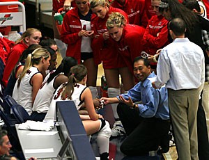 UA head coach Dave Rubio talks with the volleyball team during a break in the three-game loss to No. 3 Stanford last Thursday in McKale Center. Rubio said the teams intensity will transition into a better second half of conference play.
